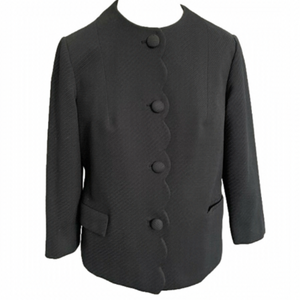 Vintage 60s Black Custom Tailored Textured Scalloped 3/4 Sleeve Boxy Blazer - M